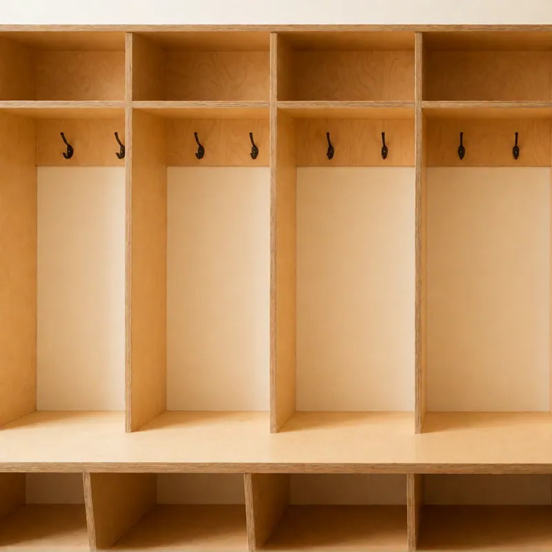 Empty cubbies in the cloakroom at Woodside Daycare in Woodside, New York