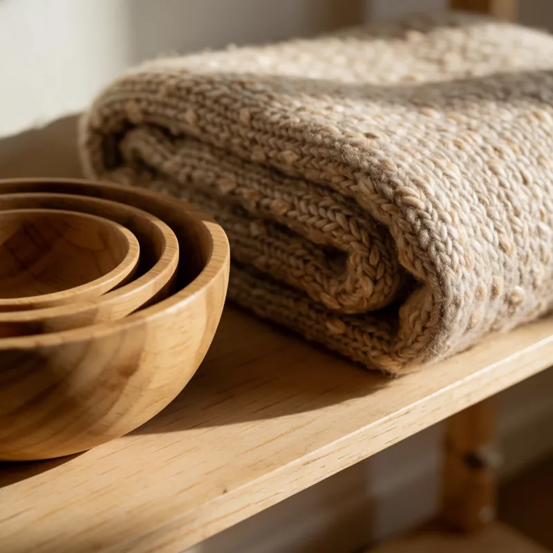 Nesting bowls and a folded blanket at Woodside Daycare