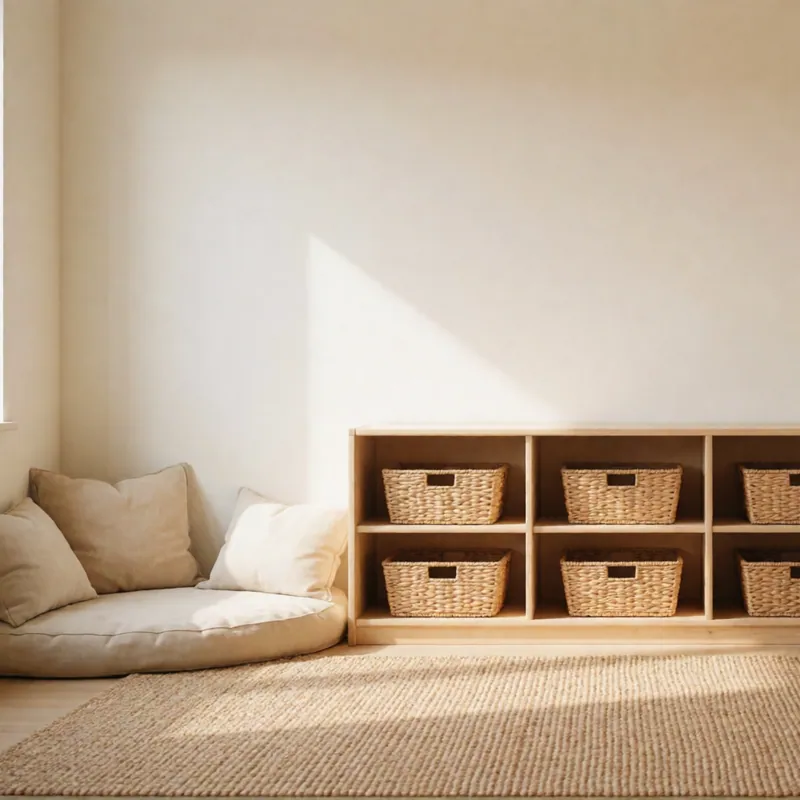 Low open shelving and a reading nook at Woodside Daycare