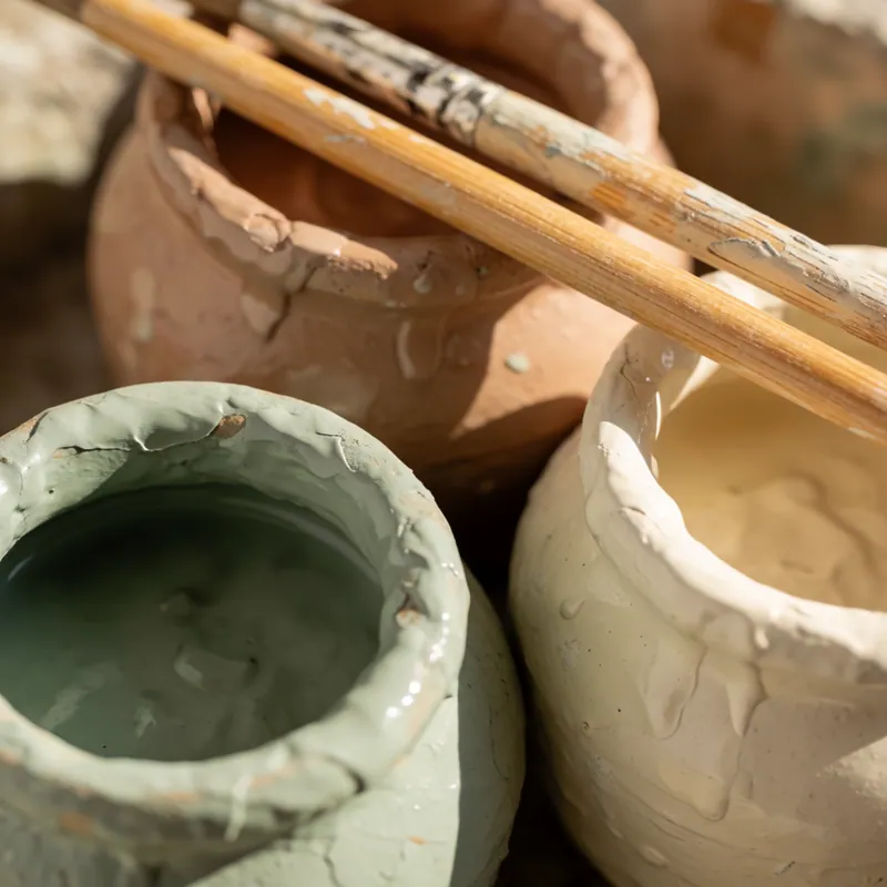 Pots of paint and brushes at Woodside Daycare